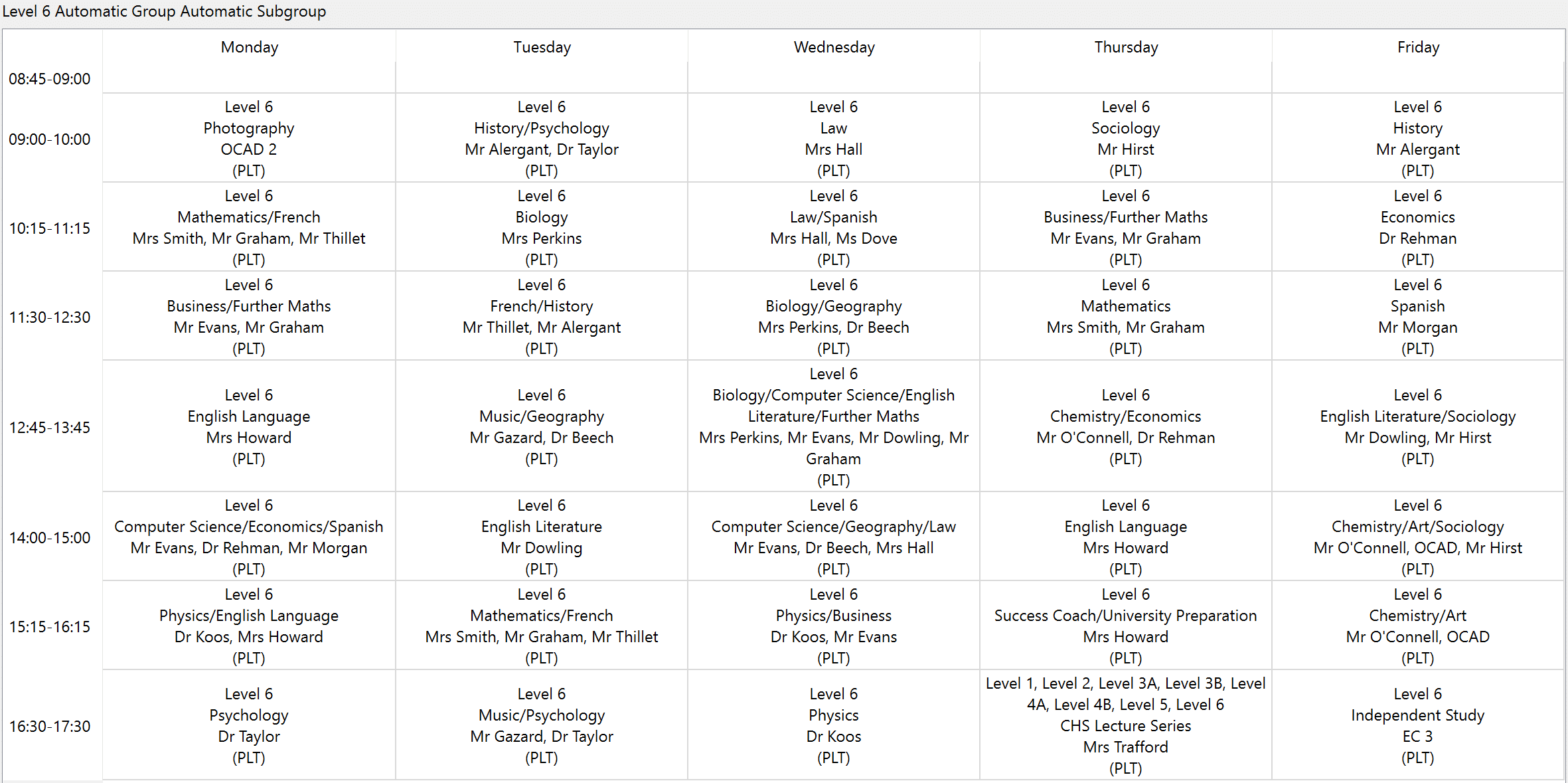 level 6 timetable