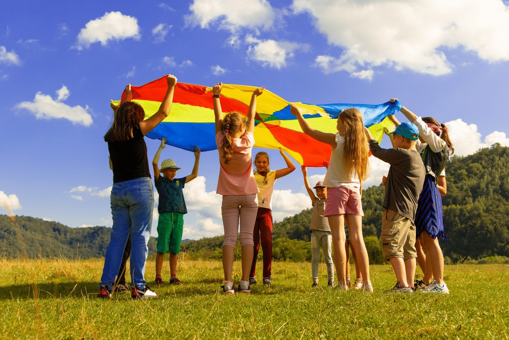 students playing in a large field