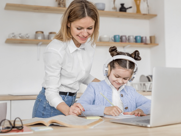 a mother checking in with her daughter after online school