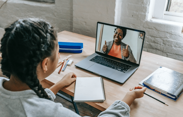 a student attending her online class