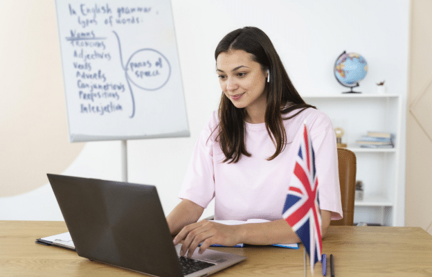 a teacher providing an English grammar lesson to students