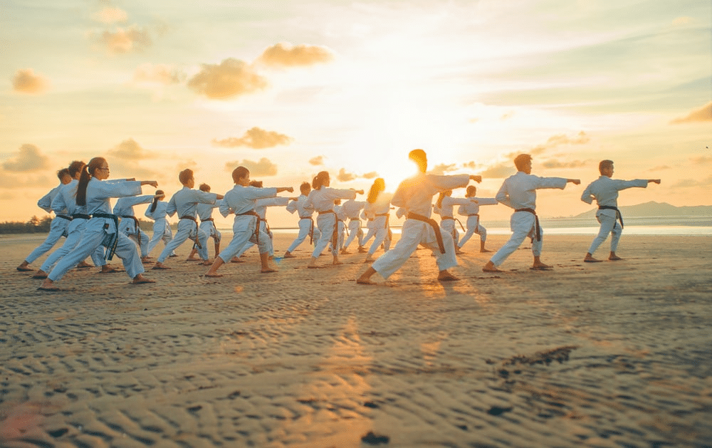 a class of teenagers practising martial art forms at the beach