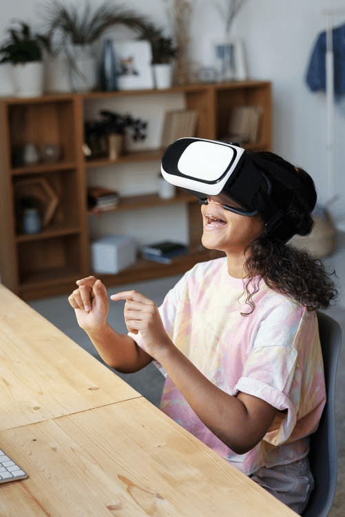 a student wearing a VR headset during her online class in Guangzhou