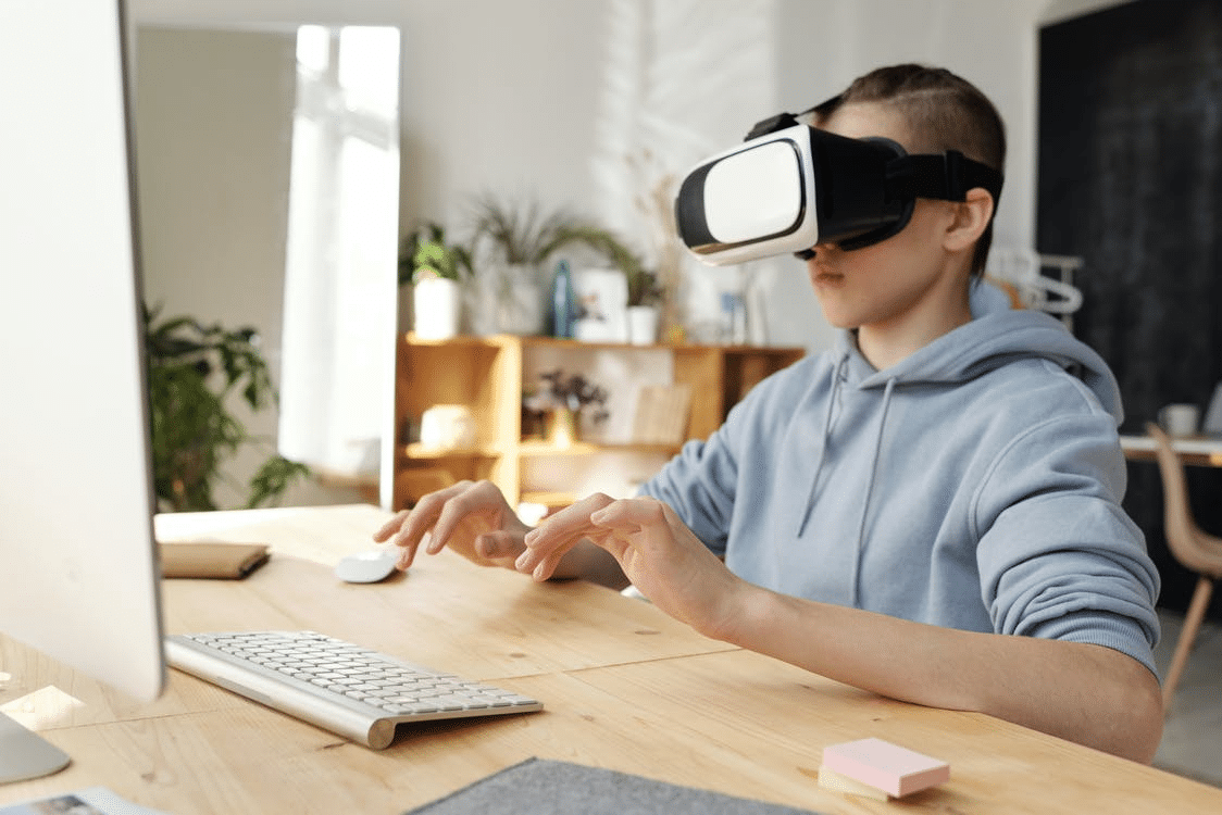 a student using a VR headset during his online class in Moscow